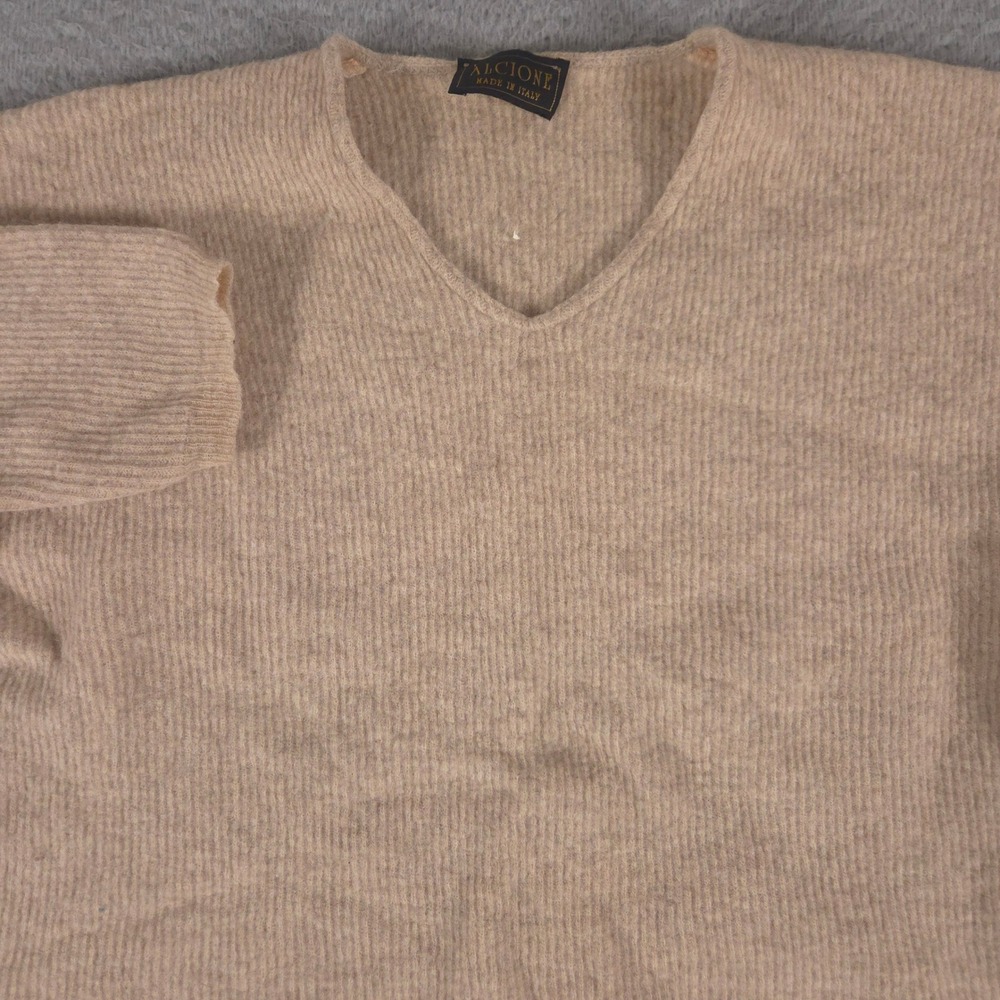 VINTAGE Alcione Sweater Womens L Beige V-Neck Wool Blend Ribbed Knit Italy 90s